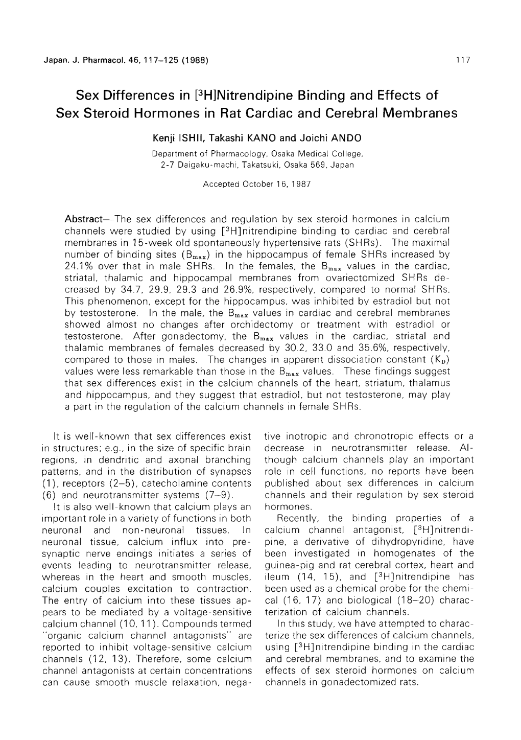 Sex Differences in [3H]Nitrendipine Binding and Effects of Sex Steroid Hormones in Rat Cardiac and Cerebral Membranes