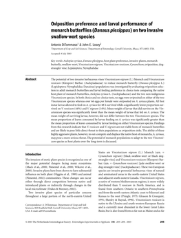 Oviposition Preference and Larval Performance of Monarch Butterflies (Danaus Plexippus) on Two Invasive Swallow-Wort Species