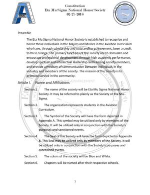 Constitution Eta Mu Sigma National Honor Society 02-27-2018 Article I