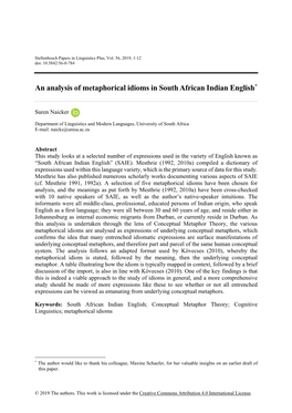 An Analysis of Metaphorical Idioms in South African Indian English*