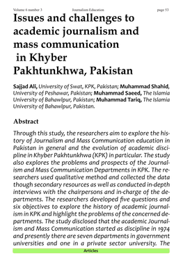 Issues and Challenges to Academic Journalism and Mass Communication in Khyber Pakhtunkhwa, Pakistan