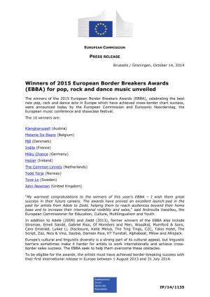Winners of 2015 European Border Breakers Awards (EBBA) for Pop, Rock and Dance Music Unveiled