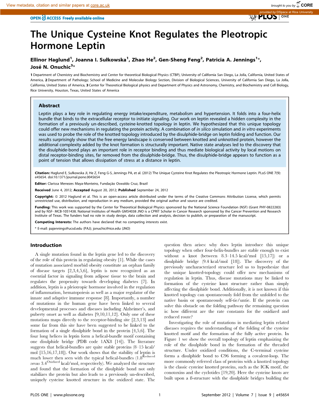 The Unique Cysteine Knot Regulates the Pleotropic Hormone Leptin