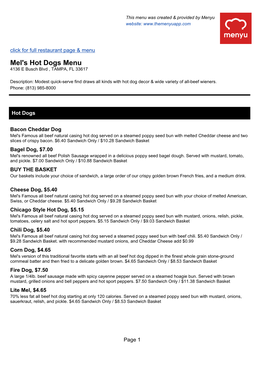 Mel's Hot Dogs Menu 4136 E Busch Blvd , TAMPA, FL 33617