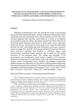 The Effects of Advertising and Sales Promotion on Brand Awareness for a Food Product Brand in Wholesale Shops, Bangkok and Metropolitan Areas