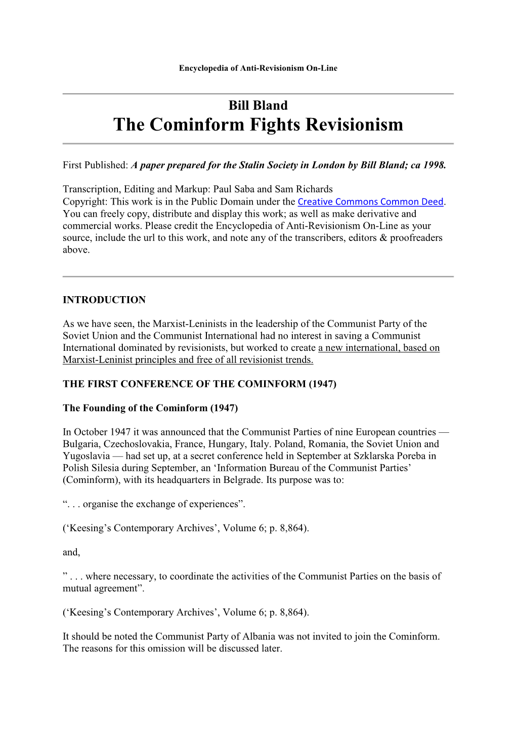 The Cominform Fights Revisionism