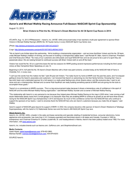 Aaron's and Michael Waltrip Racing Announce Full-Season NASCAR Sprint Cup Sponsorship