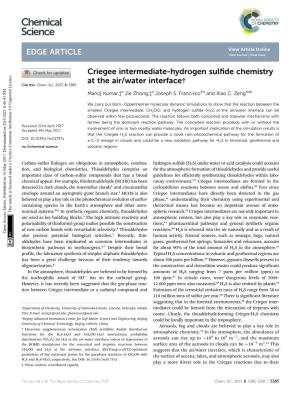 Criegee Intermediate-Hydrogen Sulfide Chemistry at the Air/Water