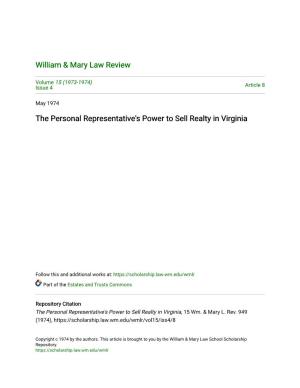 The Personal Representative's Power to Sell Realty in Virginia
