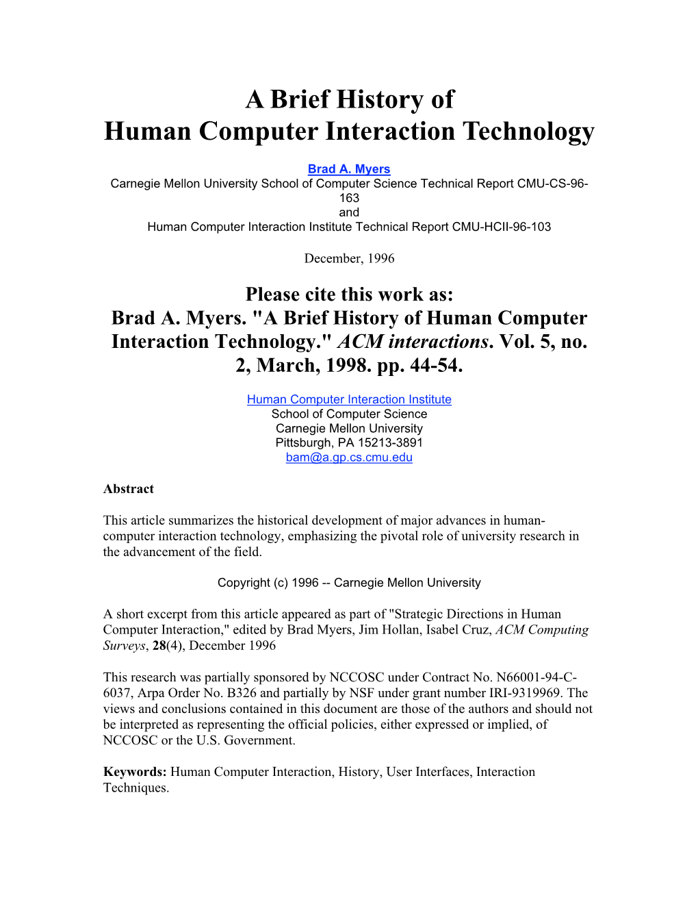 A Brief History of Human Computer Interaction Technology