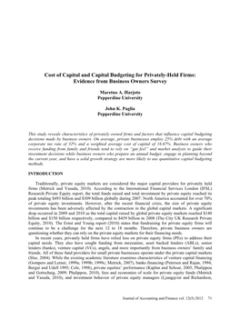 Cost of Capital and Capital Budgeting for Privately-Held Firms: Evidence from Business Owners Survey