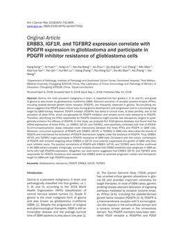 Original Article ERBB3, IGF1R, and TGFBR2 Expression Correlate With
