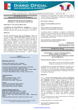 Alagoas , 04 De Julho De 2019 • Diário Oficial Dos Municípios Do Estado De Alagoas • ANO VI | Nº 1069