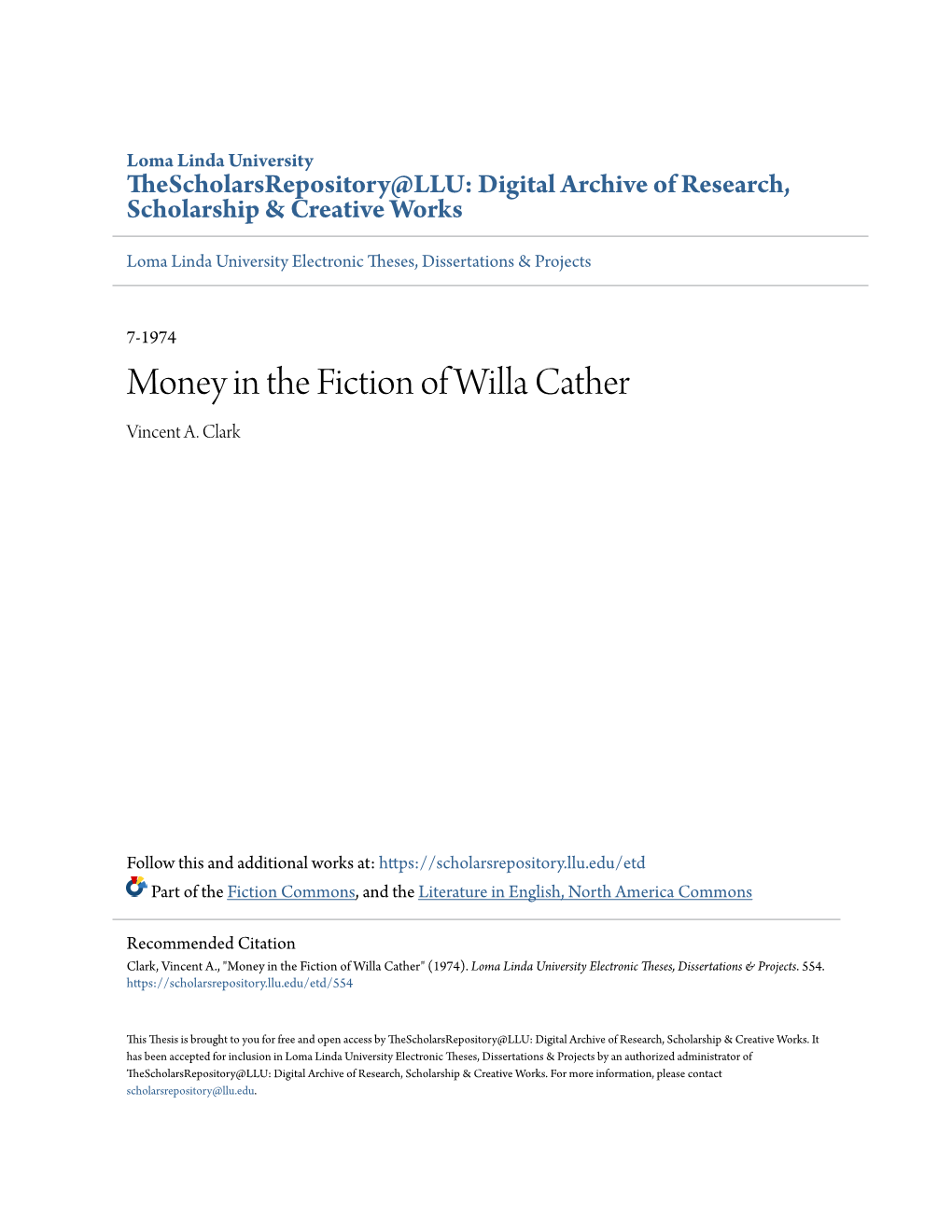 Money in the Fiction of Willa Cather Vincent A