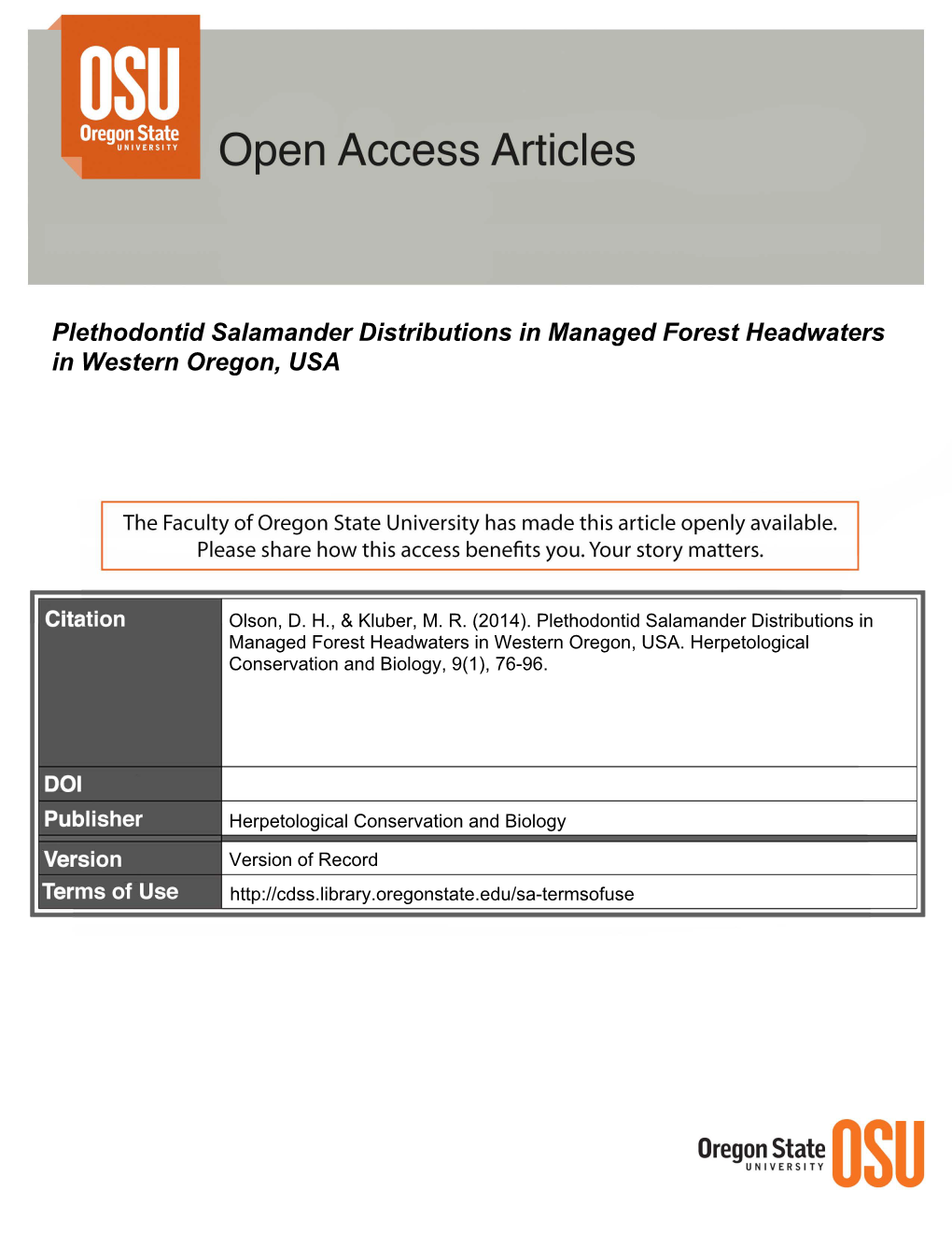 Plethodontid Salamander Distributions in Managed Forest Headwaters in Western Oregon, USA