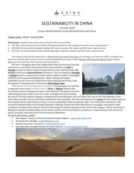 SUSTAINABILITY in CHINA Summer 2018 a New Interdisciplinary Study Abroad/Travel Experience
