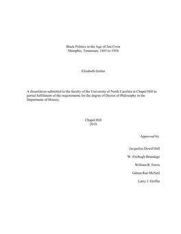 Black Politics in the Age of Jim Crow Memphis, Tennessee, 1865 to 1954