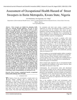 Assessment of Occupational Health Hazard of Street Sweepers in Ilorin Metropolis, Kwara State, Nigeria