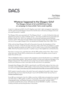 Whatever Happened to the Glasgow Girls? the Glasgow School of Art and DACS Join Forces on Campaign to Trace Artists’ Heirs Owed Royalties