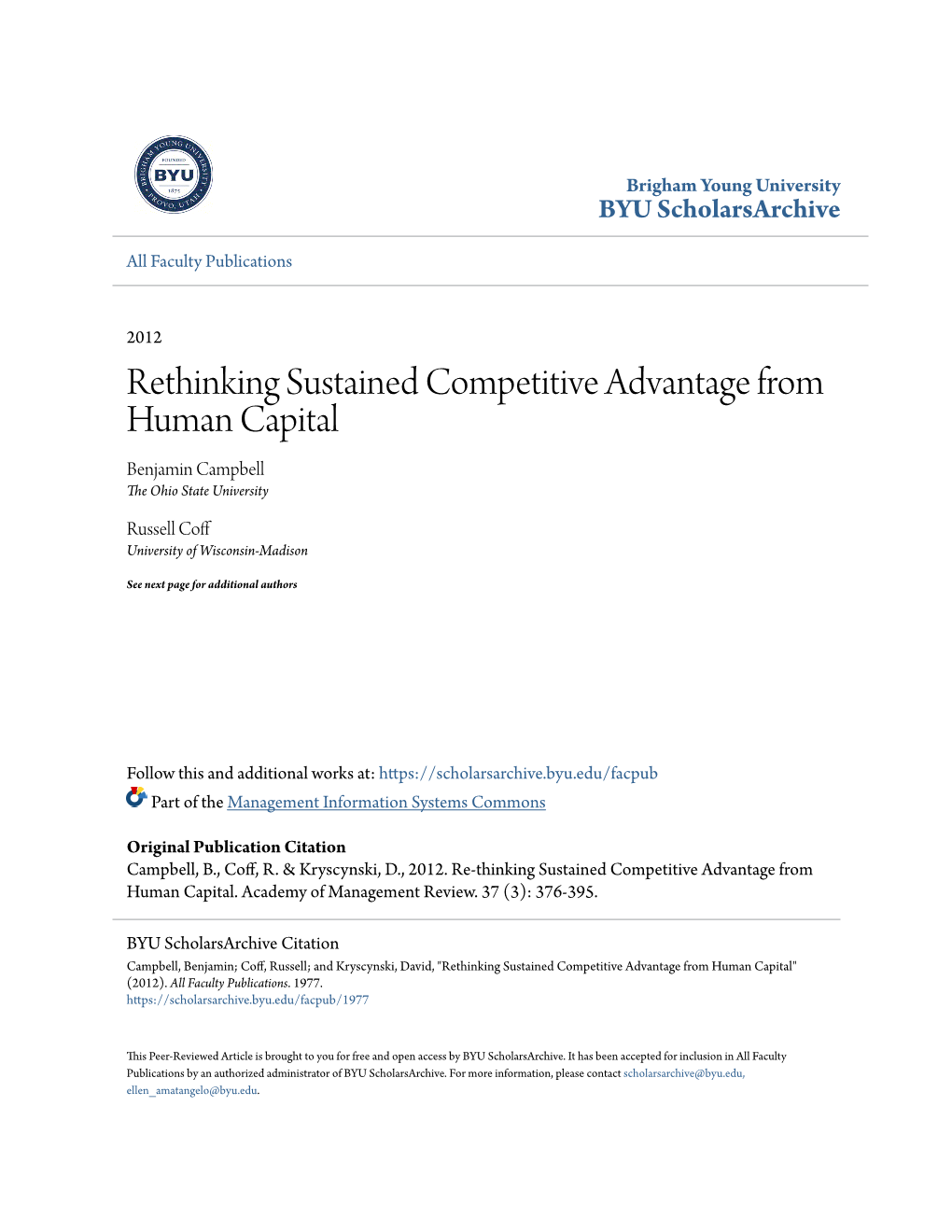 Rethinking Sustained Competitive Advantage from Human Capital Benjamin Campbell the Ohio State University