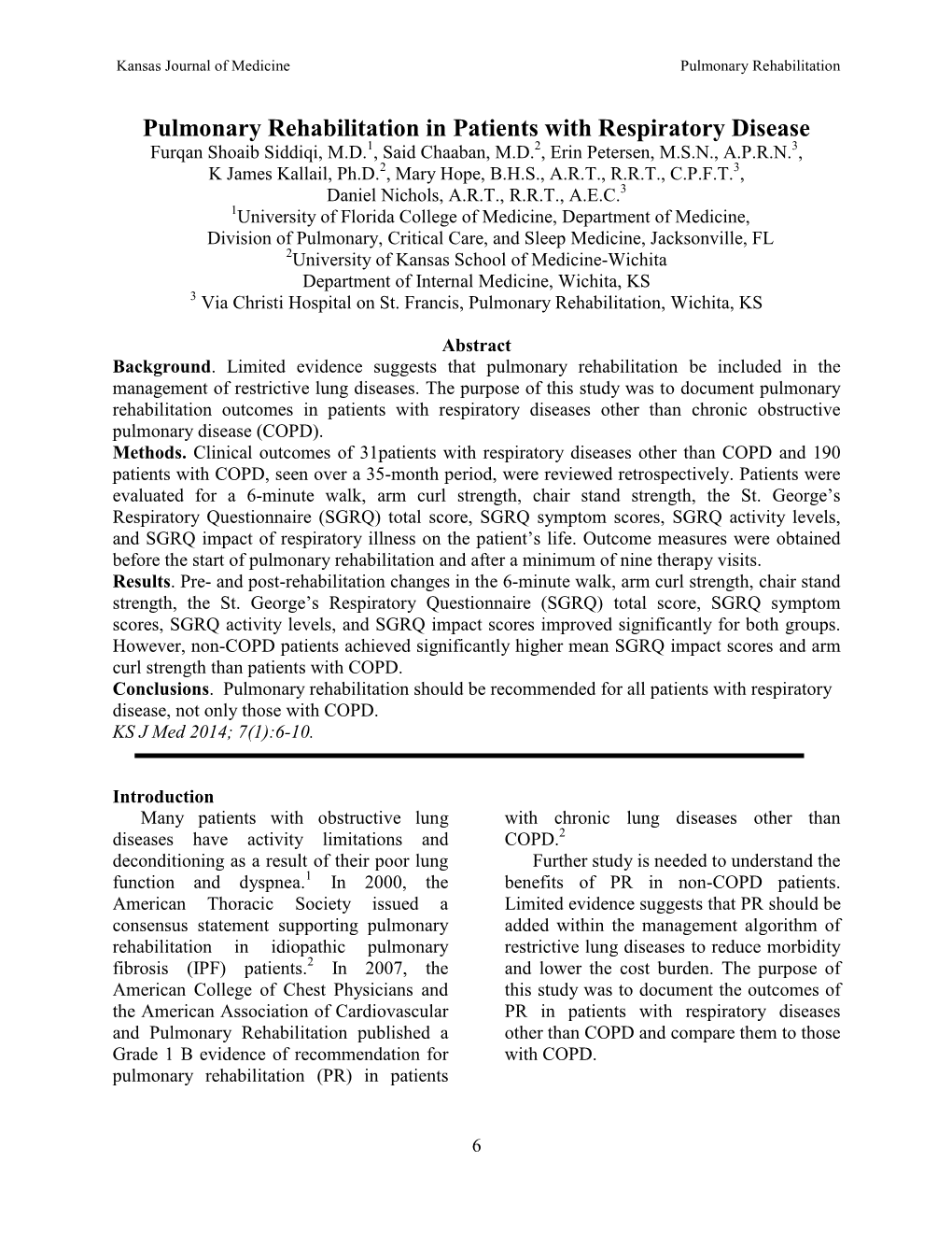 Pulmonary Rehabilitation in Patients with Respiratory Disease