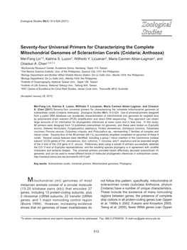 Seventy-Four Universal Primers for Characterizing the Complete Mitochondrial Genomes of Scleractinian Corals (Cnidaria; Anthozoa) Mei-Fang Lin1,5, Katrina S