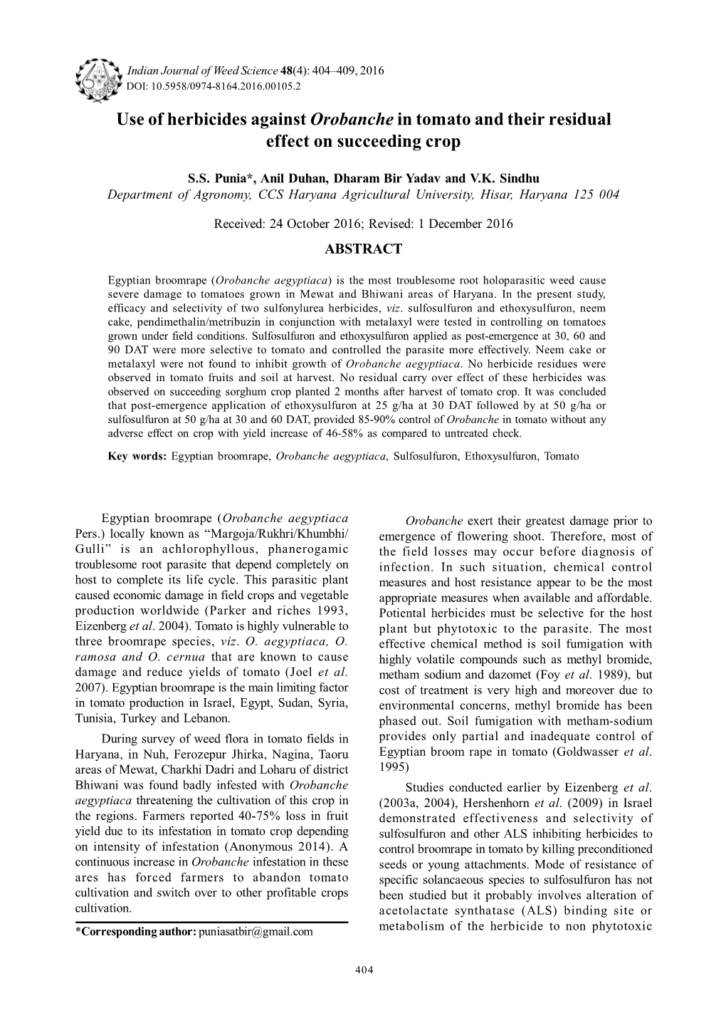 Use of Herbicides Against Orobanche in Tomato and Their Residual Effect on Succeeding Crop