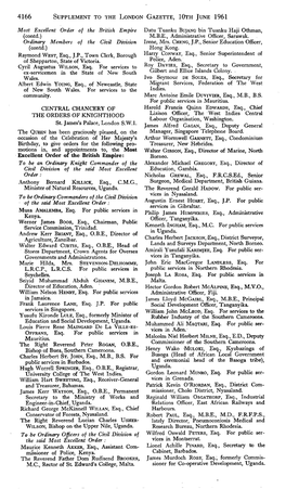 SUPPLEMENT to the LONDON GAZETTE, Lora JUNE 1961 CENTRAL CHANCERY of the ORDERS of KNIGHTHOOD