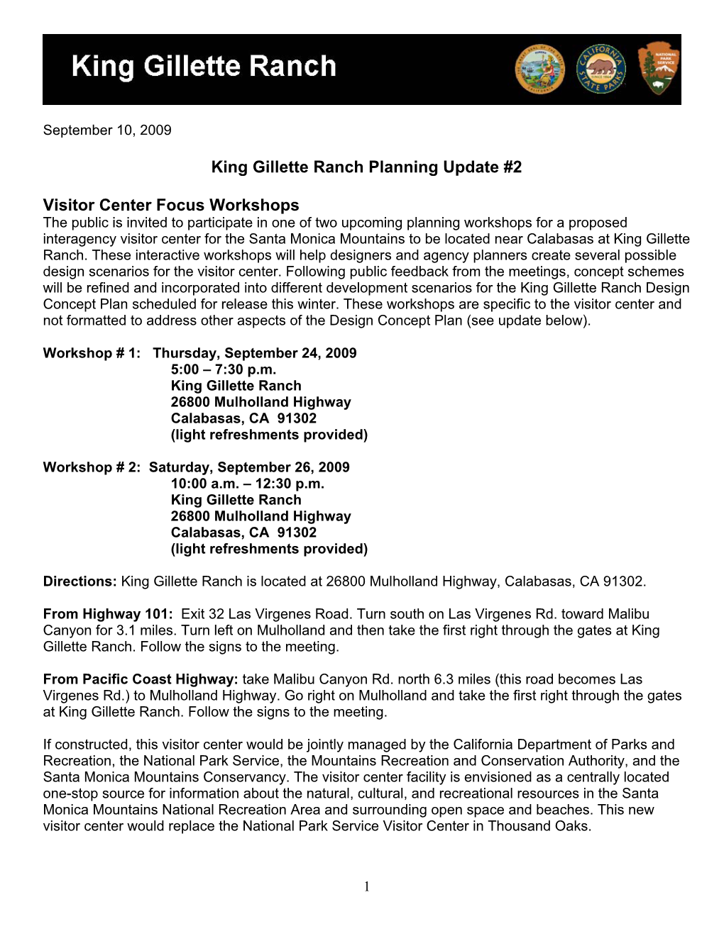 King Gillette Ranch Planning Update #2 Visitor Center Focus Workshops