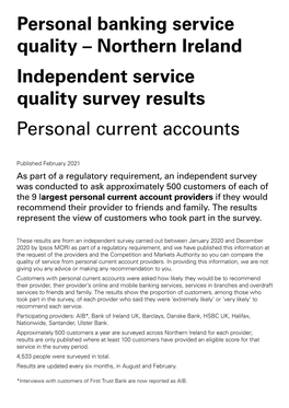 Personal Banking Service Quality – Northern Ireland Independent Service Quality Survey Results Personal Current Accounts