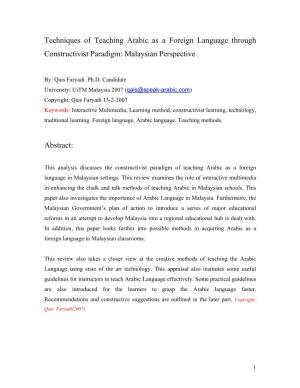 Techniques of Teaching Arabic As a Foreign Language Through Constructivist Paradigm: Malaysian Perspective