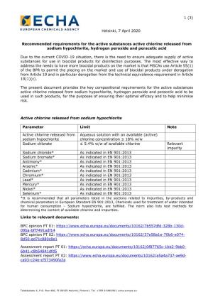 Recommended Requirements for the Active Substances Active Chlorine Released from Sodium Hypochlorite, Hydrogen Peroxide and Peracetic Acid