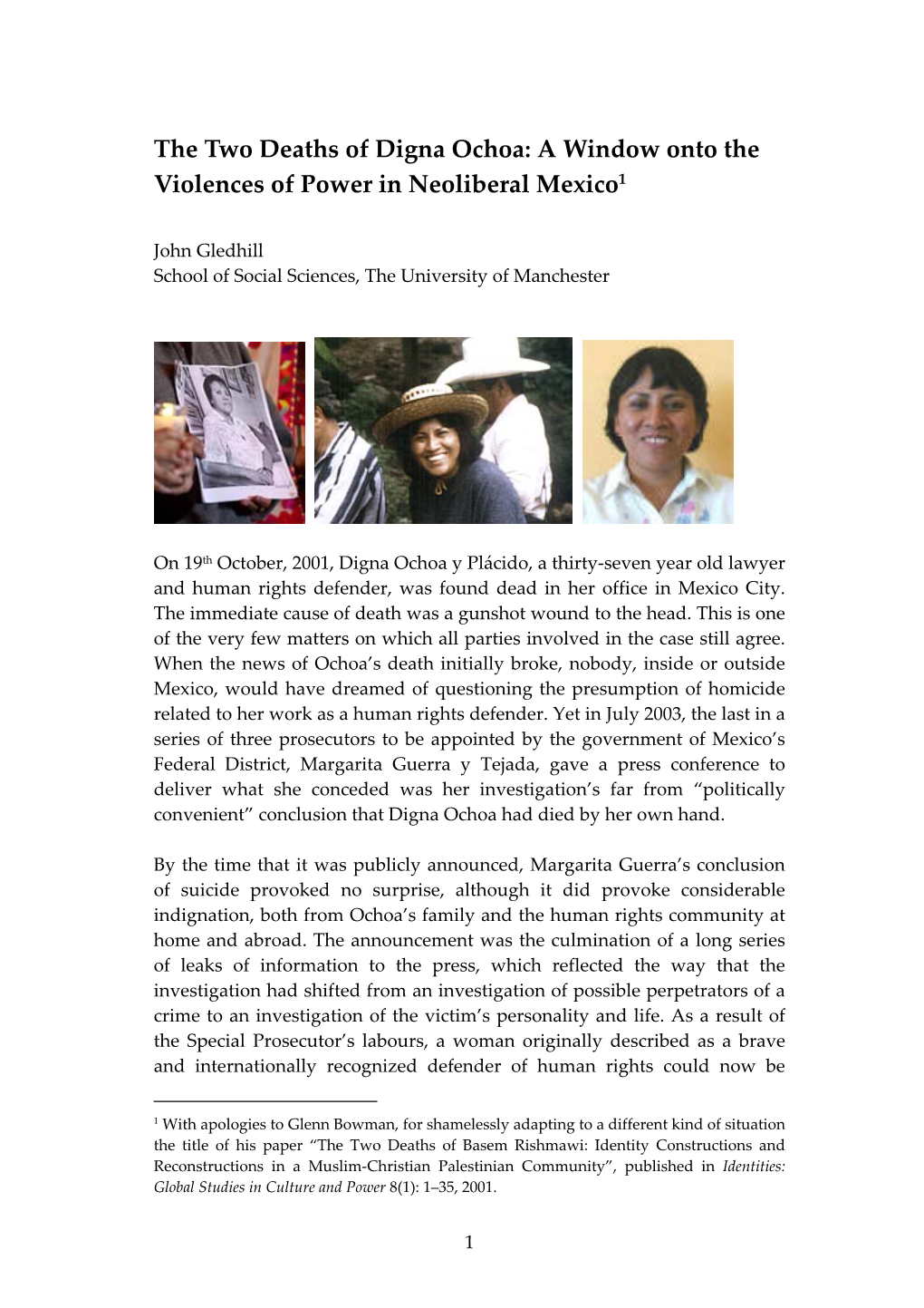 The Two Deaths of Digna Ochoa: a Window Onto the Violences of Power in Neoliberal Mexico1