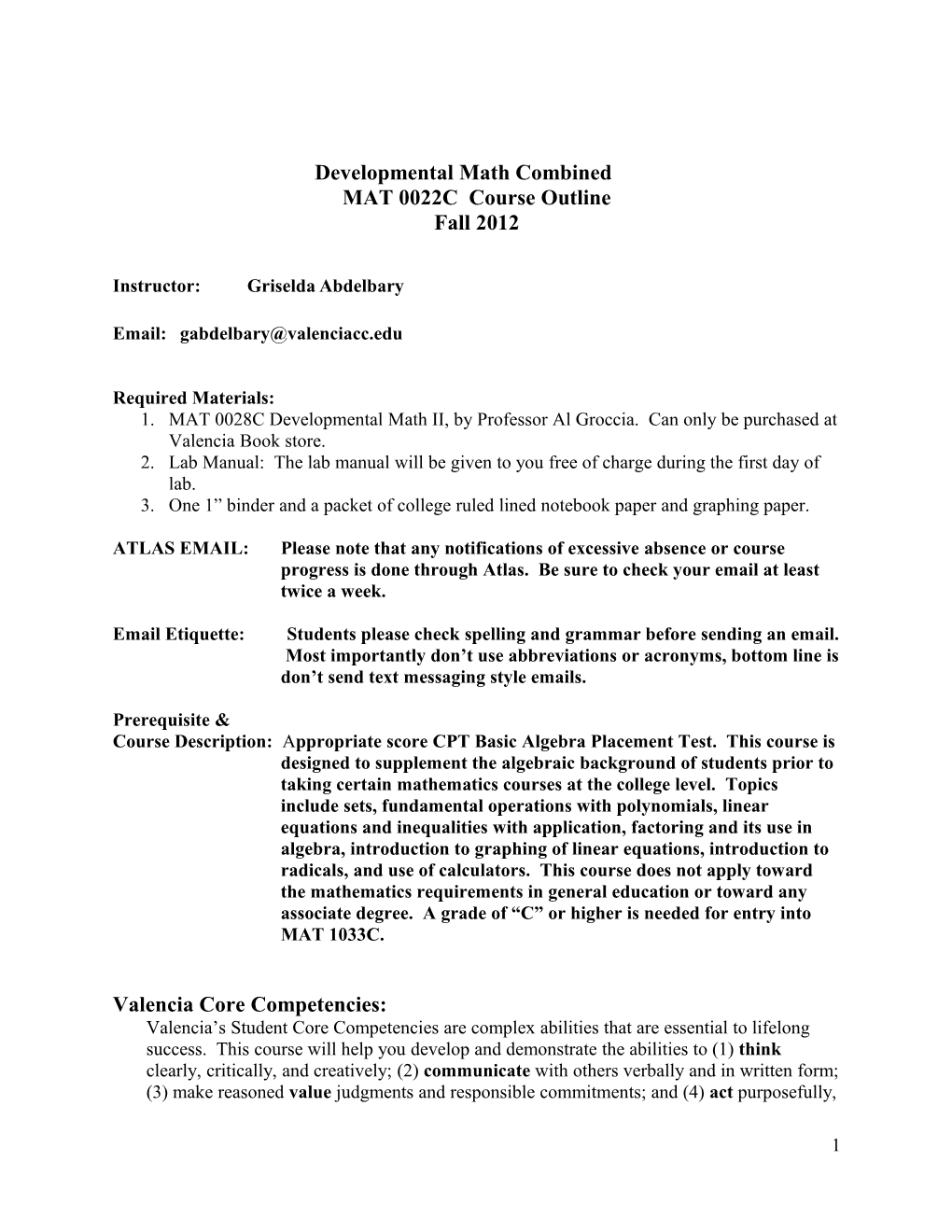 MAT 0022C Course Outline