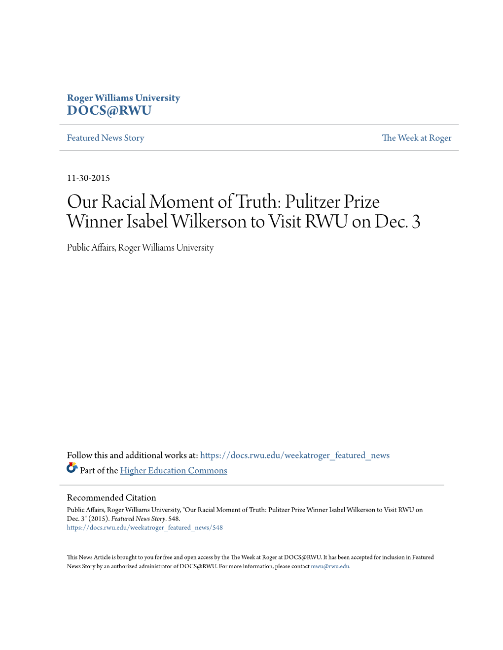 Pulitzer Prize Winner Isabel Wilkerson to Visit RWU on Dec