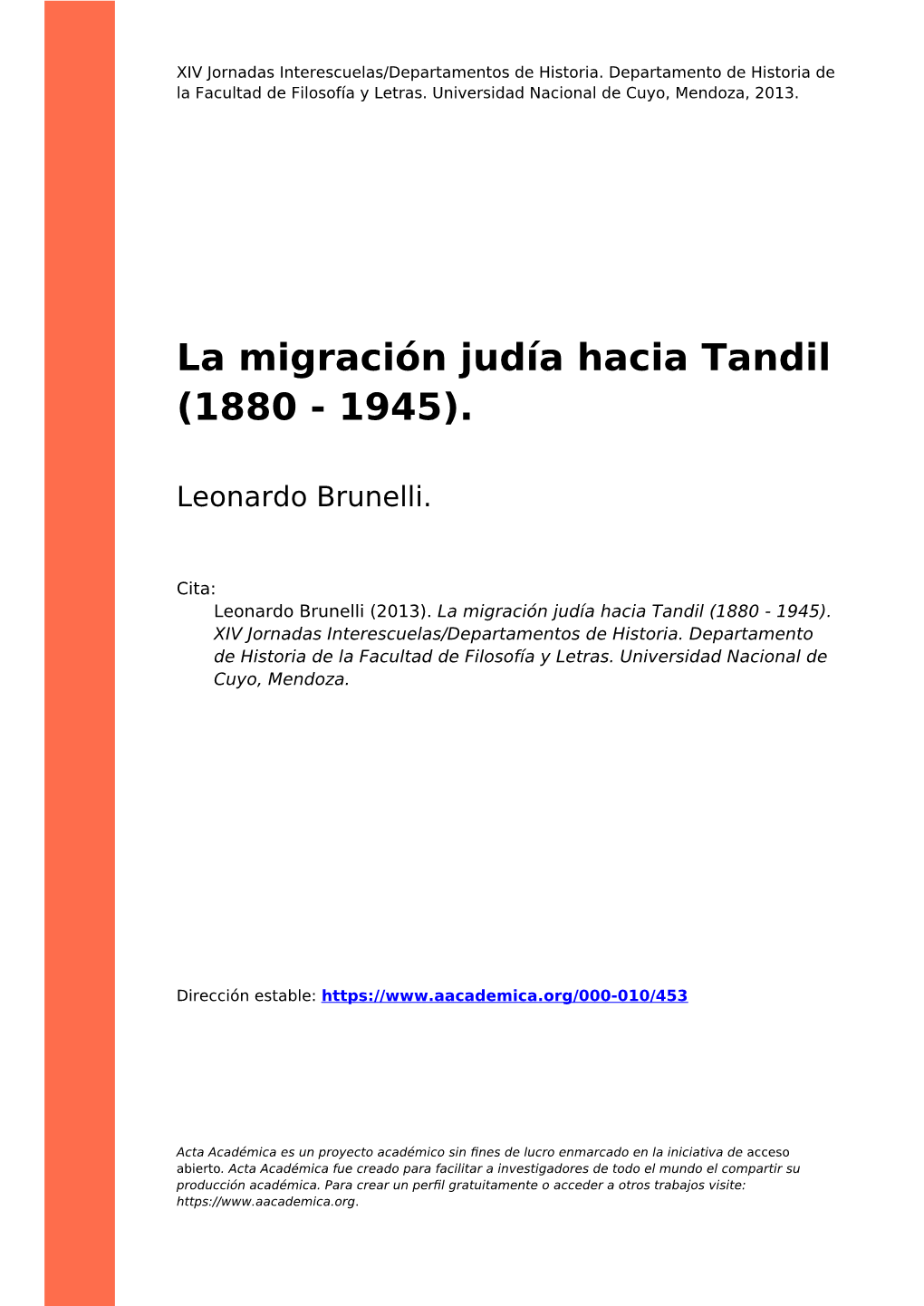 La Migración Judía Hacia Tandil (1880 - 1945)