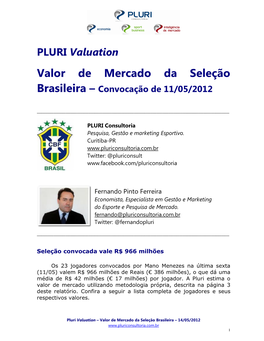 Valor De Mercado Da Seleção Brasileira – Convocação De 11/05/2012