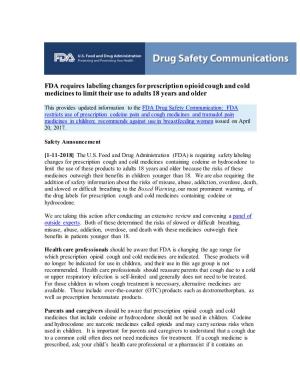 FDA Requires Labeling Changes Forprescription Opioid Cough