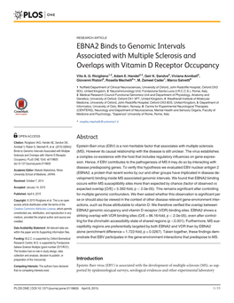 EBNA2 Binds to Genomic Intervals Associated with Multiple Sclerosis and Overlaps with Vitamin D Receptor Occupancy