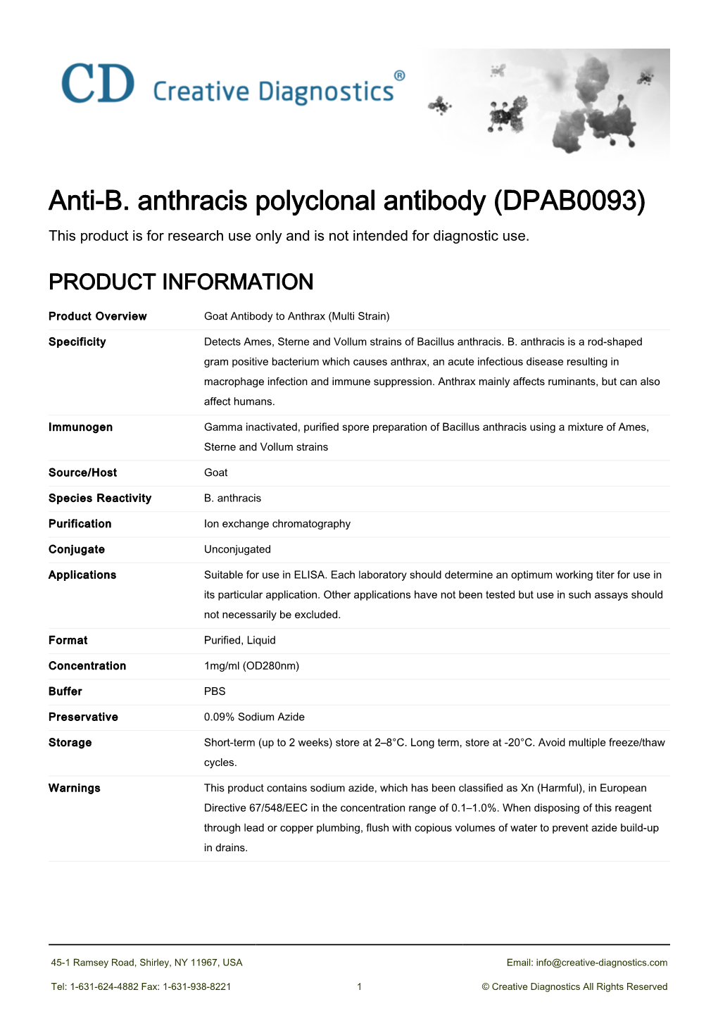 Anti-B. Anthracis Polyclonal Antibody (DPAB0093) This Product Is for Research Use Only and Is Not Intended for Diagnostic Use