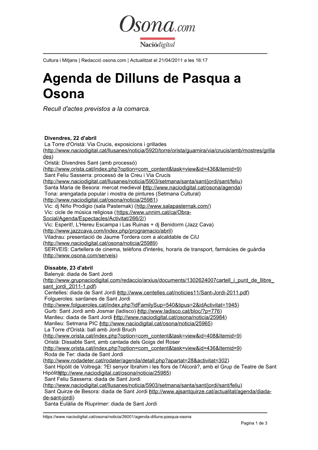 Agenda De Dilluns De Pasqua a Osona Recull D'actes Previstos a La Comarca