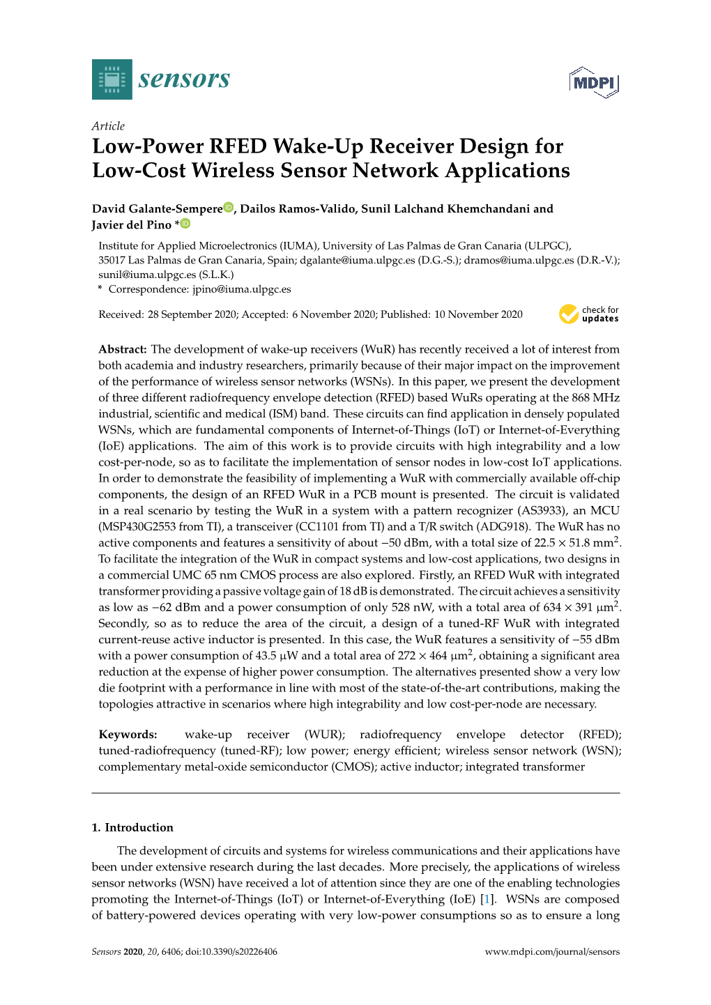 Low-Power RFED Wake-Up Receiver Design for Low-Cost Wireless Sensor Network Applications