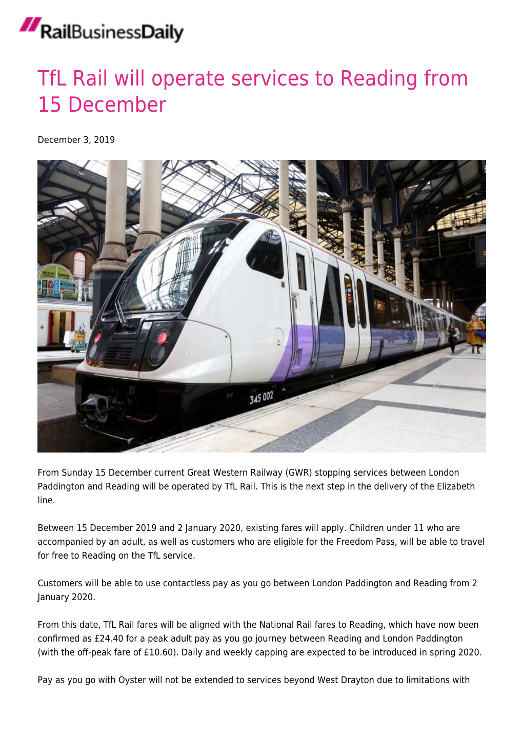 Tfl Rail Will Operate Services to Reading from 15 December