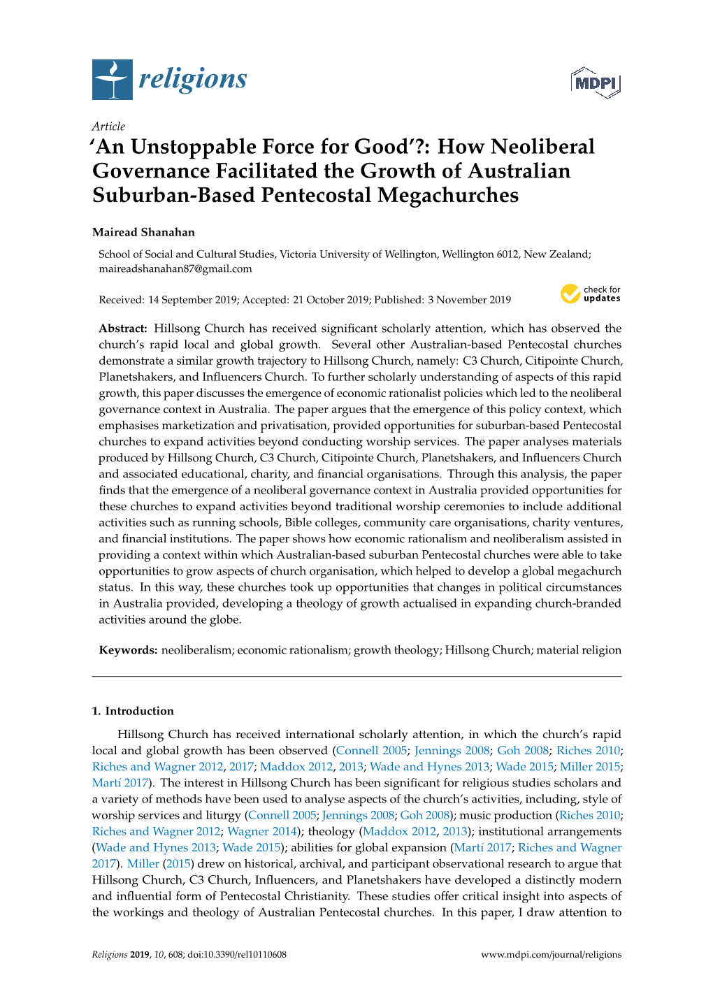 How Neoliberal Governance Facilitated the Growth of Australian Suburban-Based Pentecostal Megachurches