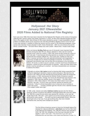 Hollywood: Her Story January 2021 Enewsletter 2020 Films Added to National Film Registry
