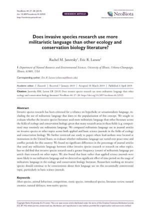 Does Invasive Species Research Use More Militaristic Language Than Other Ecology and Conservation Biology Literature?