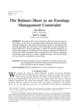 The Balance Sheet As an Earnings Management Constraint Jan Barton Emory University Paul J