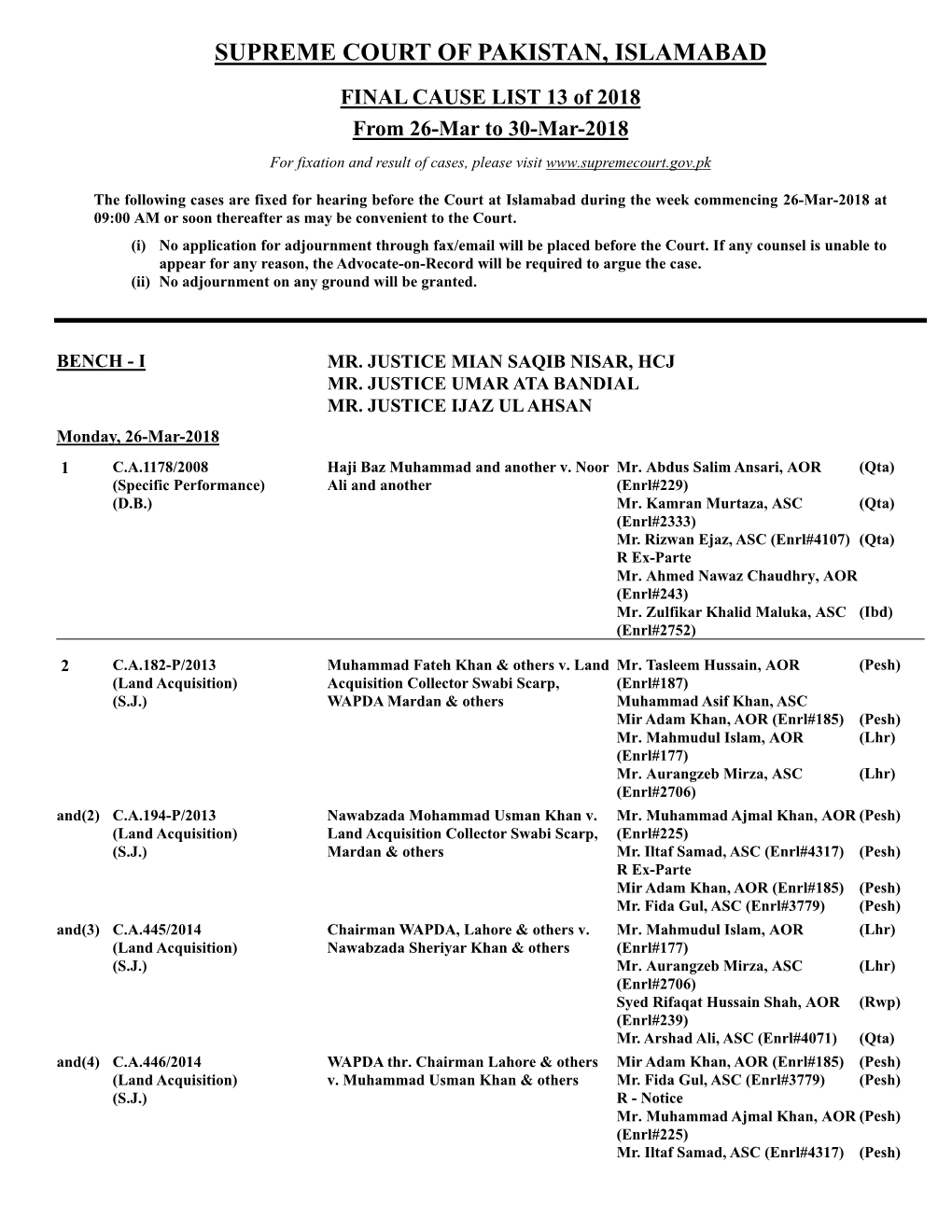 SUPREME COURT of PAKISTAN, ISLAMABAD FINAL CAUSE LIST 13 of 2018 from 26-Mar to 30-Mar-2018 for Fixation and Result of Cases, Please Visit