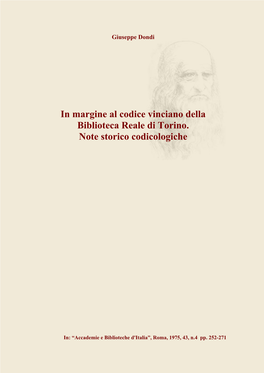 In Margine Al Codice Vinciano Della Biblioteca Reale Di Torino. Note Storico Codicologiche
