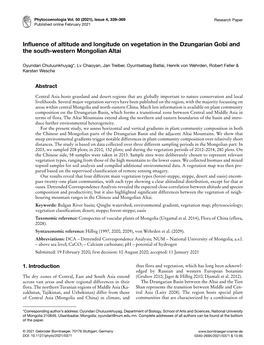 Influence of Altitude and Longitude on Vegetation in the Dzungarian Gobi and the South-Western Mongolian Altai